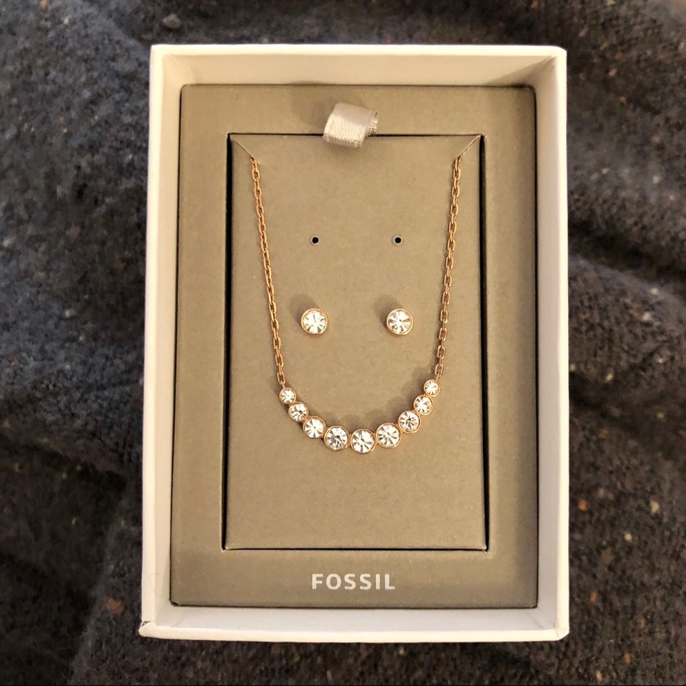 🆕 Fossil Necklace and Earring Set, Rose Gold